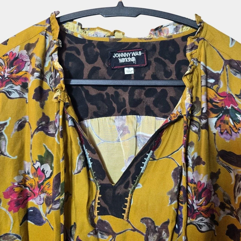 Johnny Was Ruffle Detail Floral Peasant Blouse Boho‎ Cottagecore Yellow XS